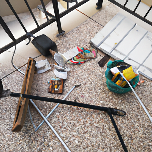 צילום של כלים וחומרים שונים הדרושים להגבהת מעקה המרפסת